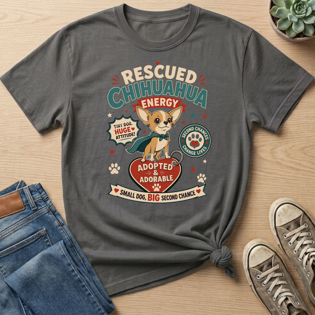 Rescued Chihuahua energy with adopted and adorable text and a superhero dog.