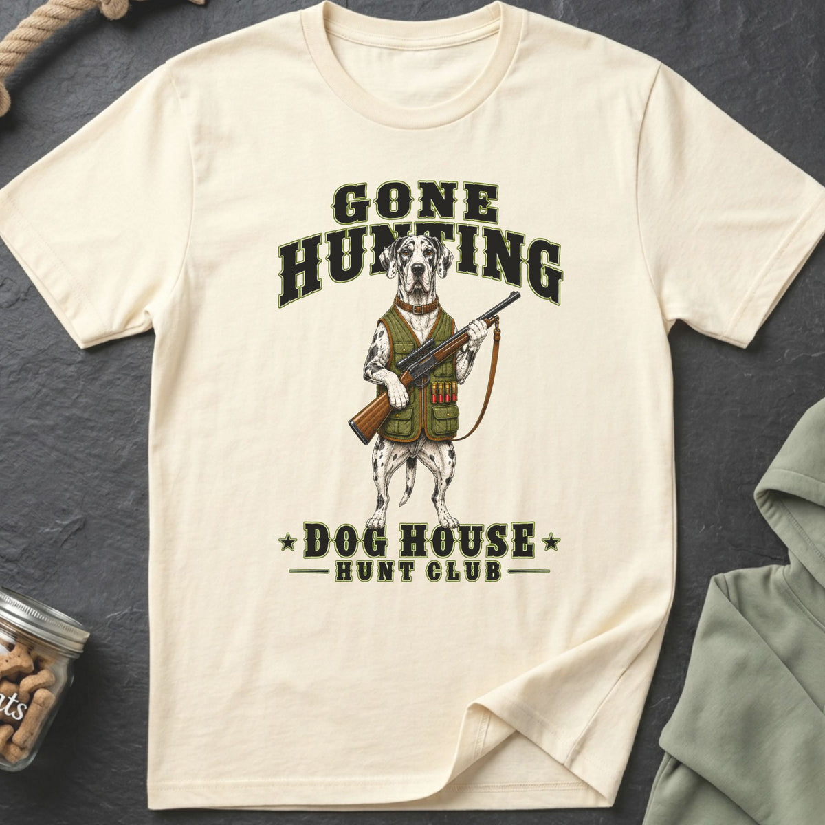 Cream t-shirt with Dalmatian dog in hunting gear and text "Gone Hunting Dog House Hunt Club".