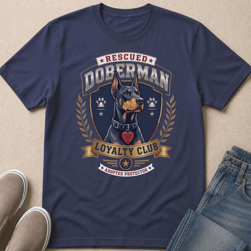Navy t-shirt with a graphic of a Doberman, "Rescued Doberman Loyalty Club," and "Adopted Protector."