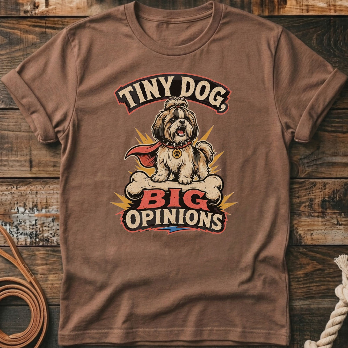 Brown t-shirt with "Tiny Dog, Big Opinions" graphic featuring a Shih Tzu on a bone.