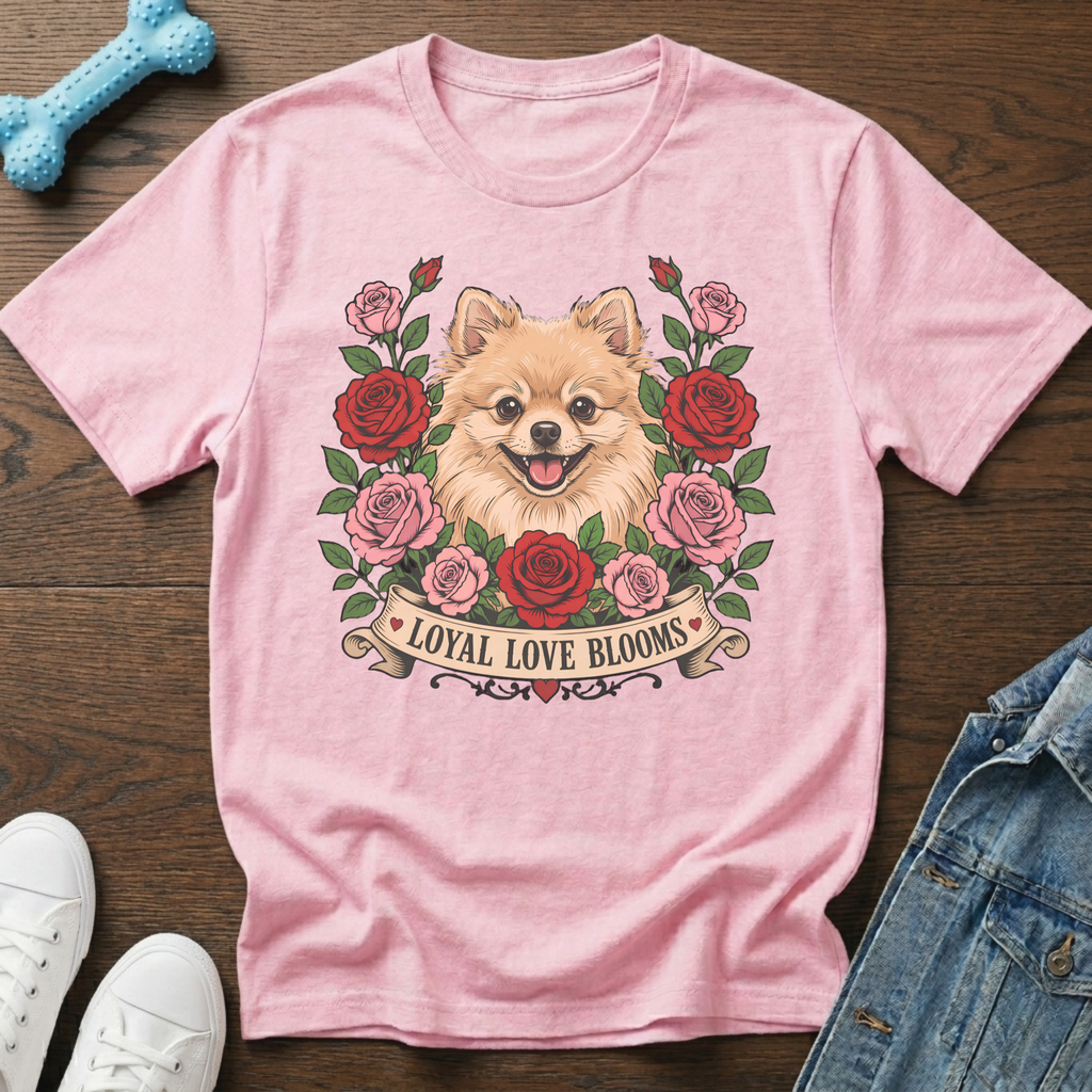 Pink t-shirt with a Pomeranian dog surrounded by roses and the text "Loyal Love Blooms".