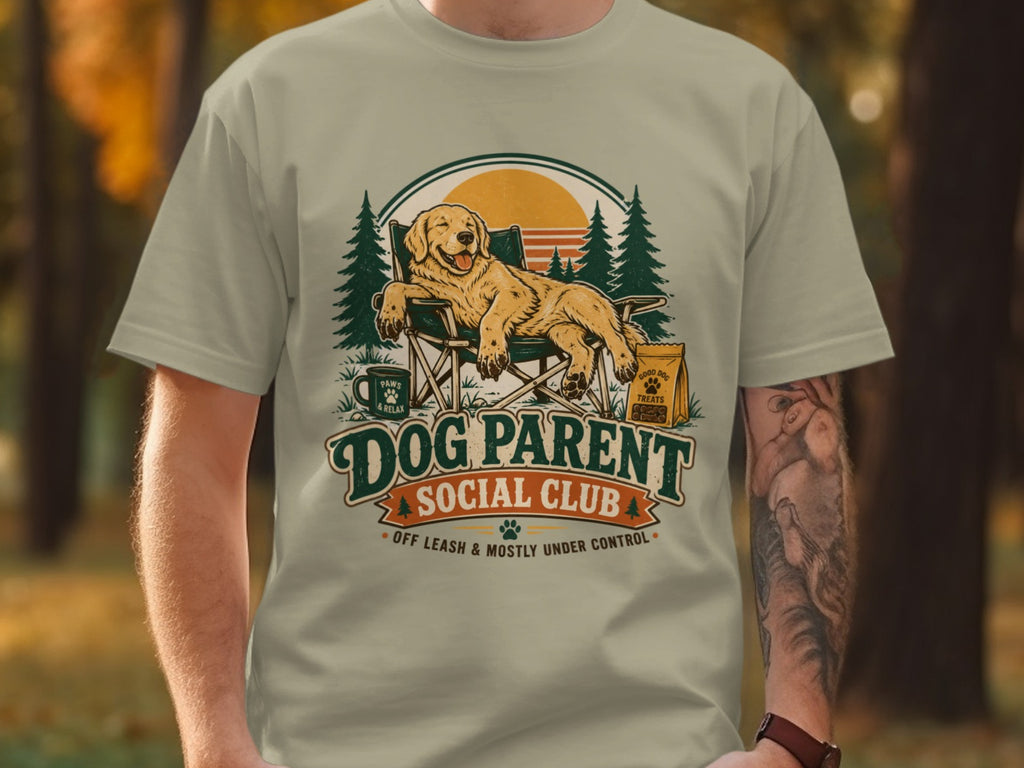 Dog Parent Social Club graphic with a golden retriever on a chair, surrounded by trees.