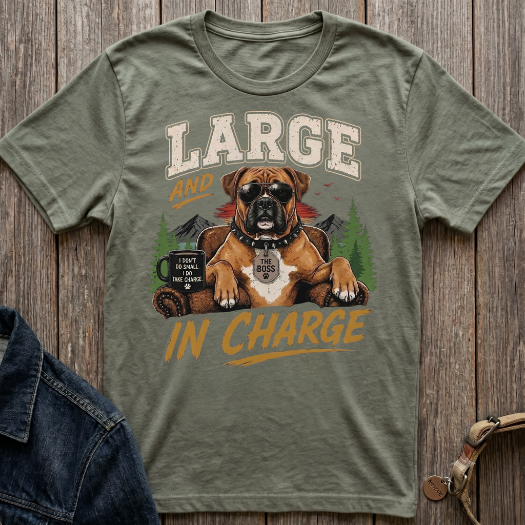 Boxer dog wearing sunglasses and a "The Boss" tag, "Large and In Charge" text.