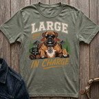 Boxer dog wearing sunglasses and a "The Boss" tag, "Large and In Charge" text.