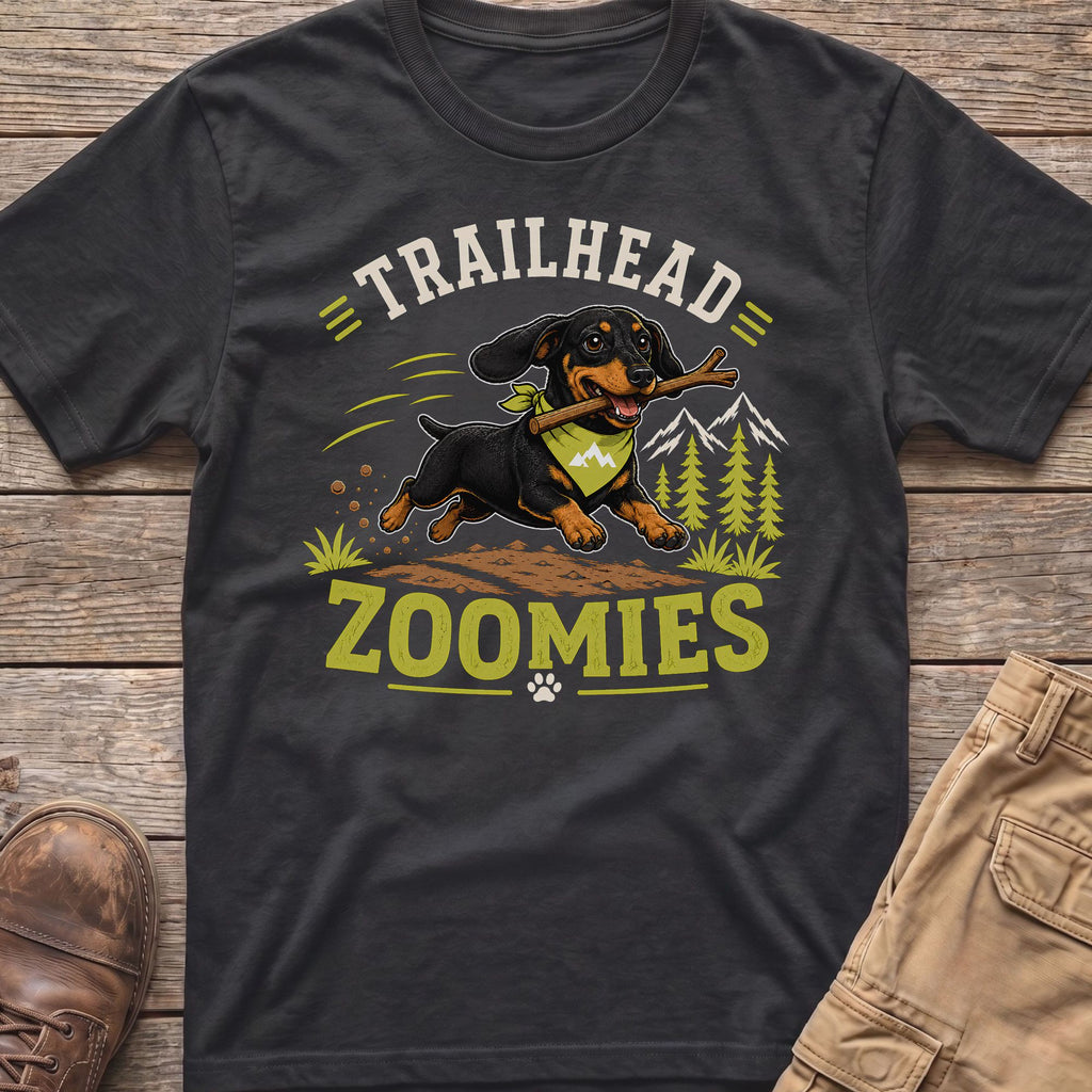 Dark grey t-shirt with a dachshund and "TRAILHEAD ZOOMIES" text.