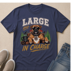 T-shirt design with boxer dog wearing sunglasses and "Large and In Charge" text.