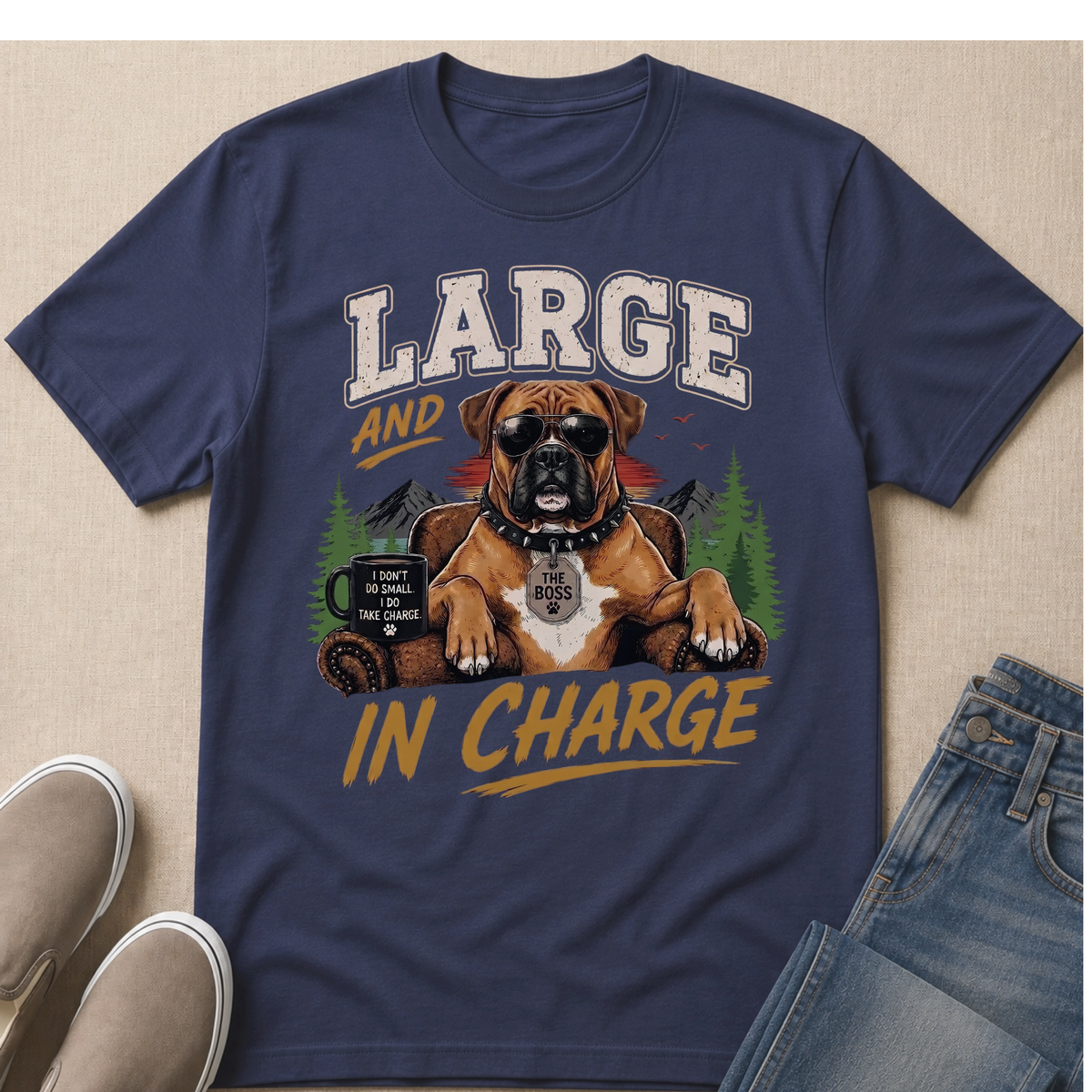 T-shirt design with boxer dog wearing sunglasses and "Large and In Charge" text.