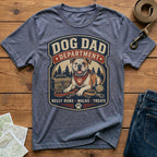 Dog Dad Department graphic t-shirt with bulldog, leash, ball, and tools.