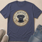 Navy t-shirt with a circular graphic featuring a black dog and the text "I Rescued My Best Friend".