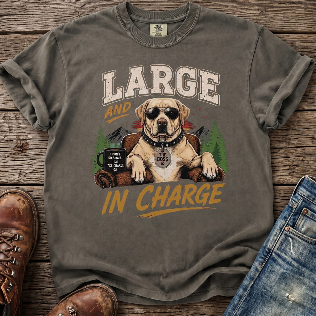 T-shirt graphic of a dog wearing sunglasses and a studded collar, text "LARGE AND IN CHARGE".