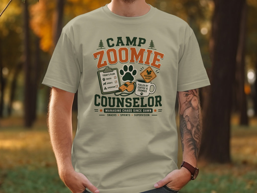 Camp Zoomie Counselor t-shirt with graphics of a clipboard, paw print, whistle, and mug.
