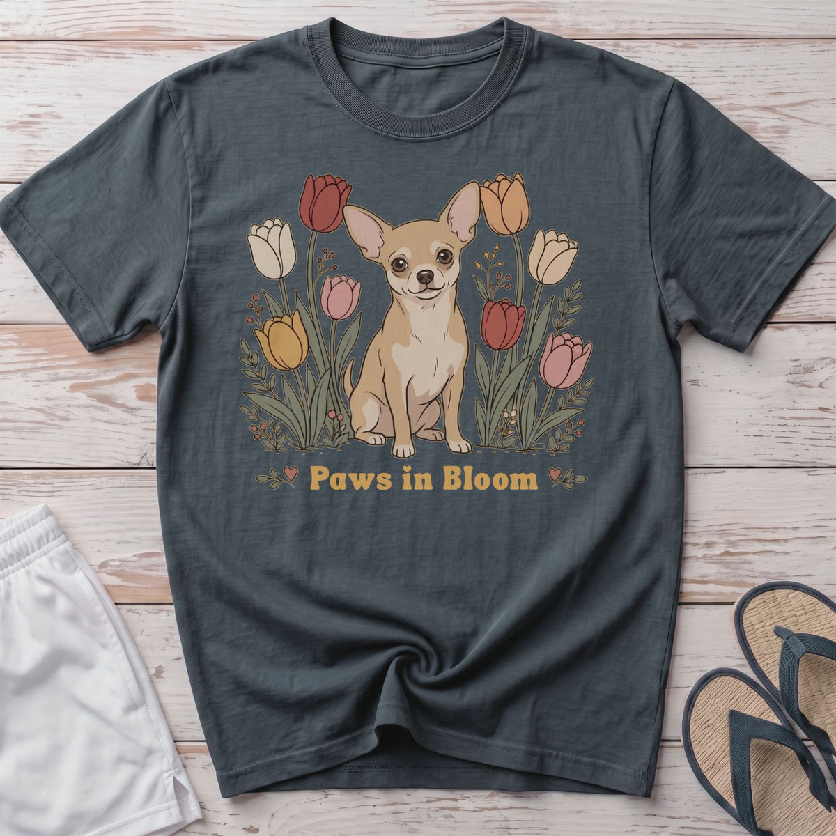 Chihuahua sitting in tulips with "Paws in Bloom" text.