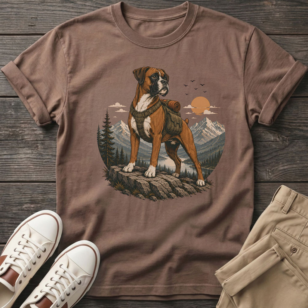 Brown t-shirt with graphic of a boxer dog wearing a backpack in a mountain landscape