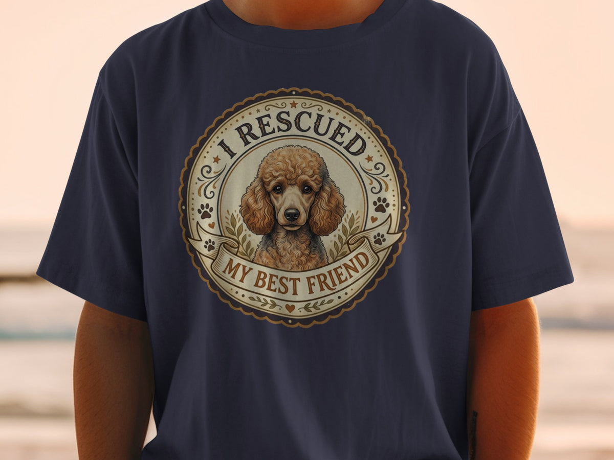 A poodle illustration on a t-shirt reads "I RESCUED MY BEST FRIEND".