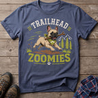 French Bulldog with stick on shirt, text says "TRAILHEAD ZOOMIES".
