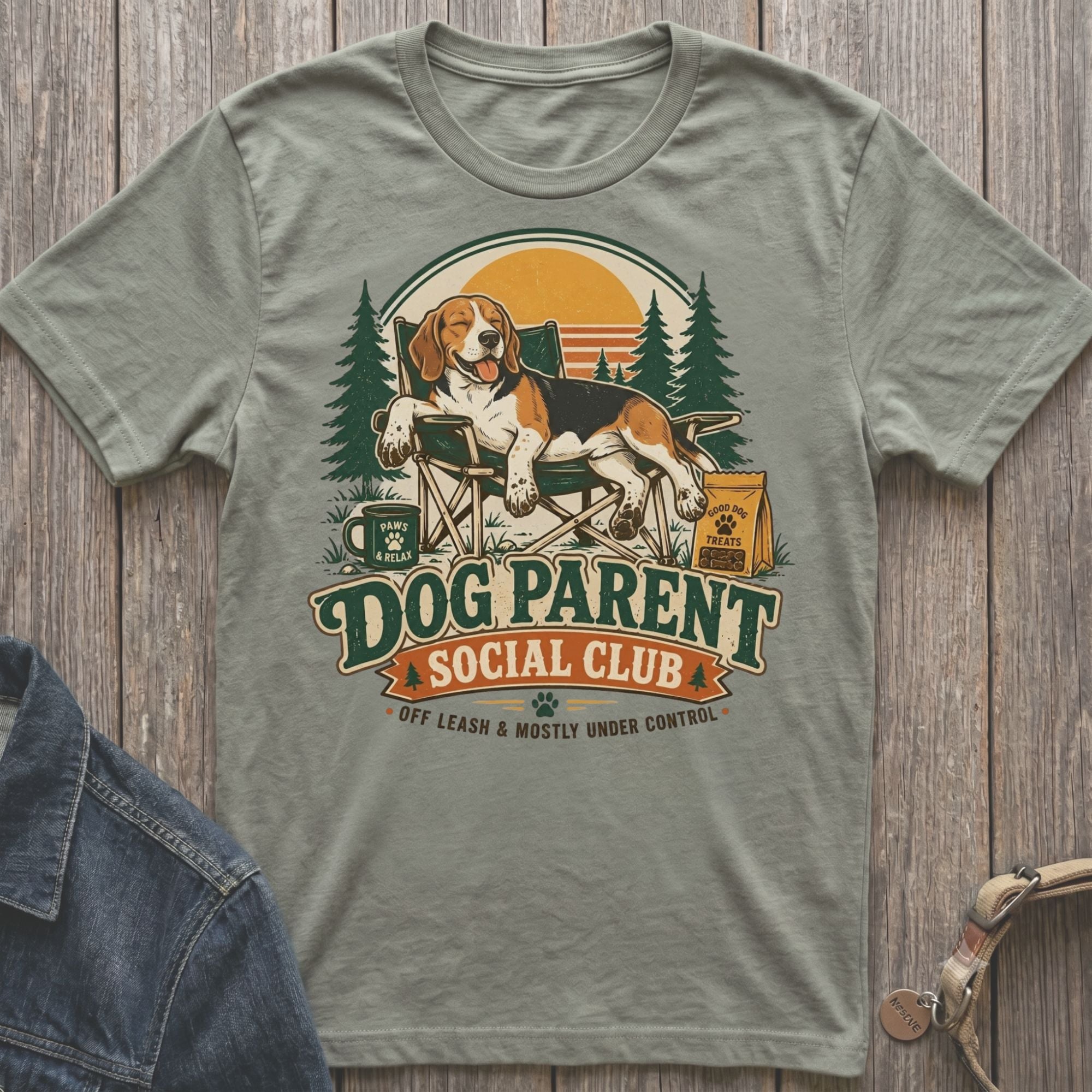 Beagle on camping chair with "Dog Parent Social Club" text and camping scene.