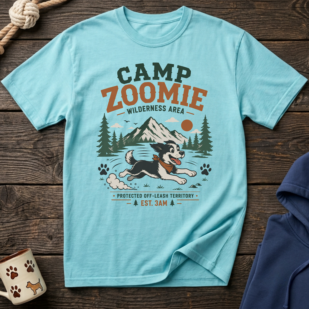 Camp Zoomie Wilderness Area t-shirt with a dog running and "Protected Off-Leash Territory" text.