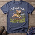 Chihuahua with stick in mouth on t-shirt with "Trailhead Zoomies" text.