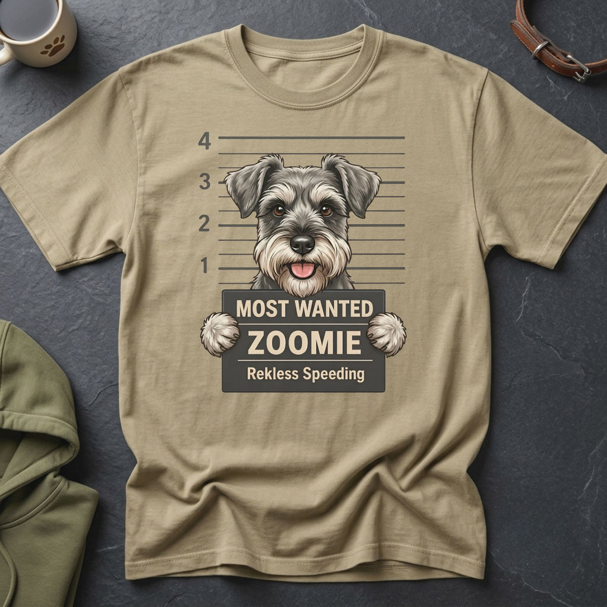 T-shirt with a miniature schnauzer mugshot reading "Most Wanted Zoomie"