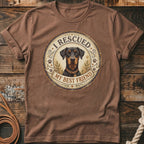 Brown t-shirt with Doberman dog graphic reading "I Rescued My Best Friend."