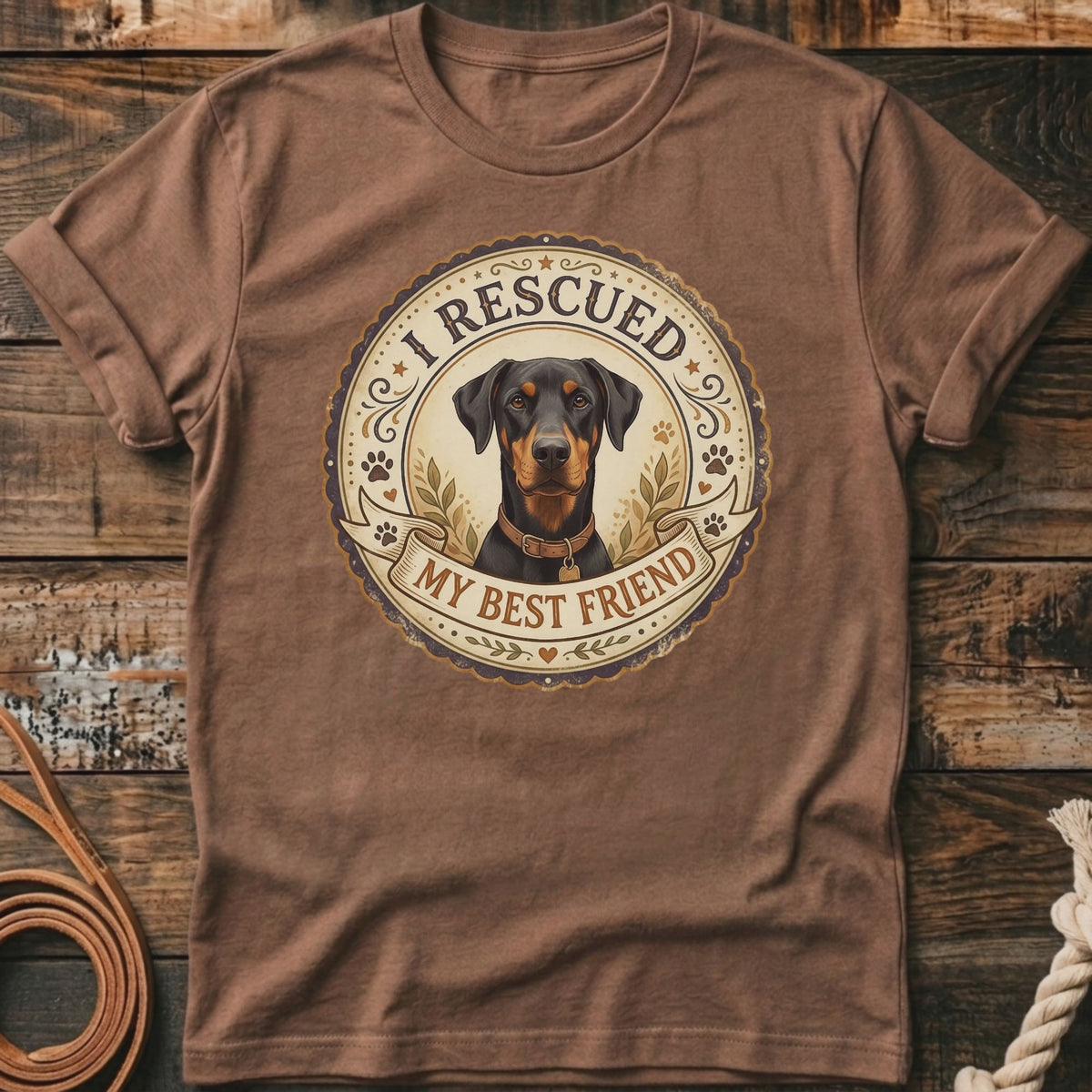 Brown t-shirt with Doberman dog graphic reading "I Rescued My Best Friend."