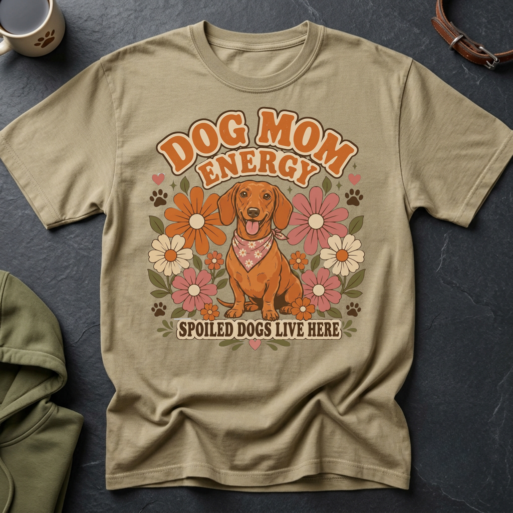 Dachshund with bandana on tan t-shirt, "Dog Mom Energy Spoiled Dogs Live Here" text.