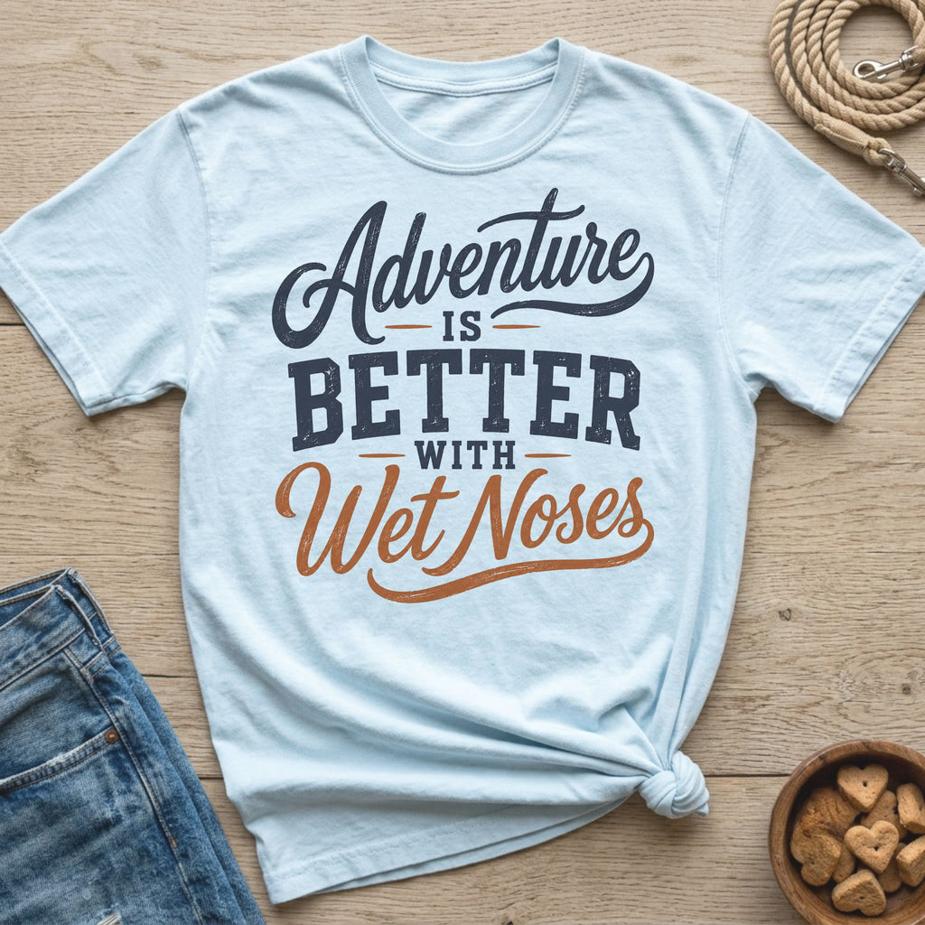 Light blue t-shirt with "Adventure is better with wet noses" text