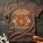 Brown t-shirt with dachshund graphic and text "Dog Mom Energy Spoiled Dogs Live Here".