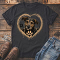 Dark t-shirt with a distressed heart frame surrounding a dog with a paw print heart.