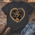 Dark t-shirt with a distressed heart frame surrounding a dog with a paw print heart.
