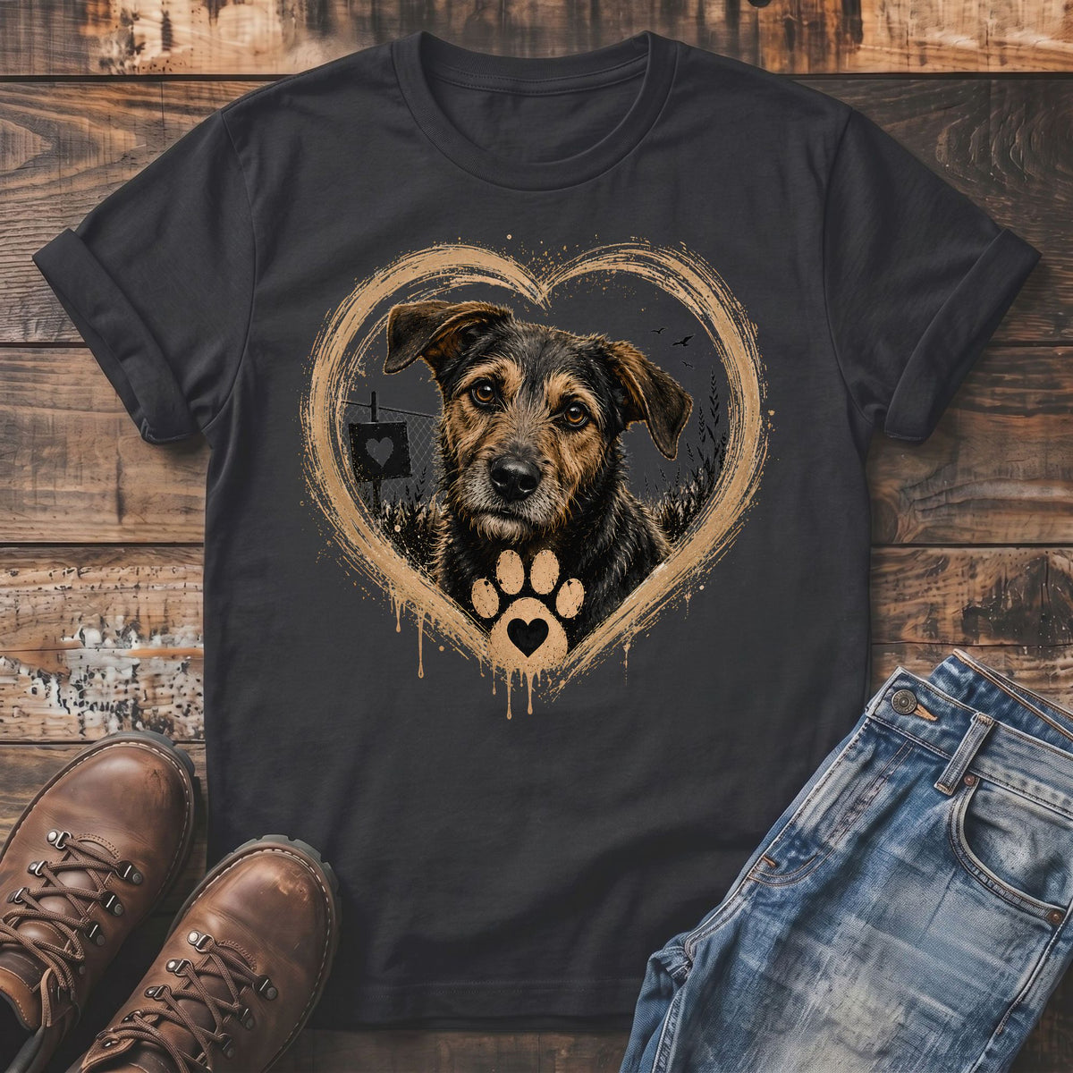 Dark t-shirt with a distressed heart frame surrounding a dog with a paw print heart.