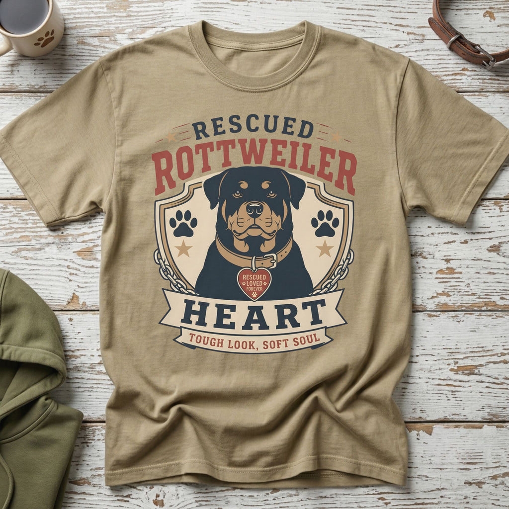 T-shirt with rescued Rottweiler graphic and text "Heart Tough Look, Soft Soul".