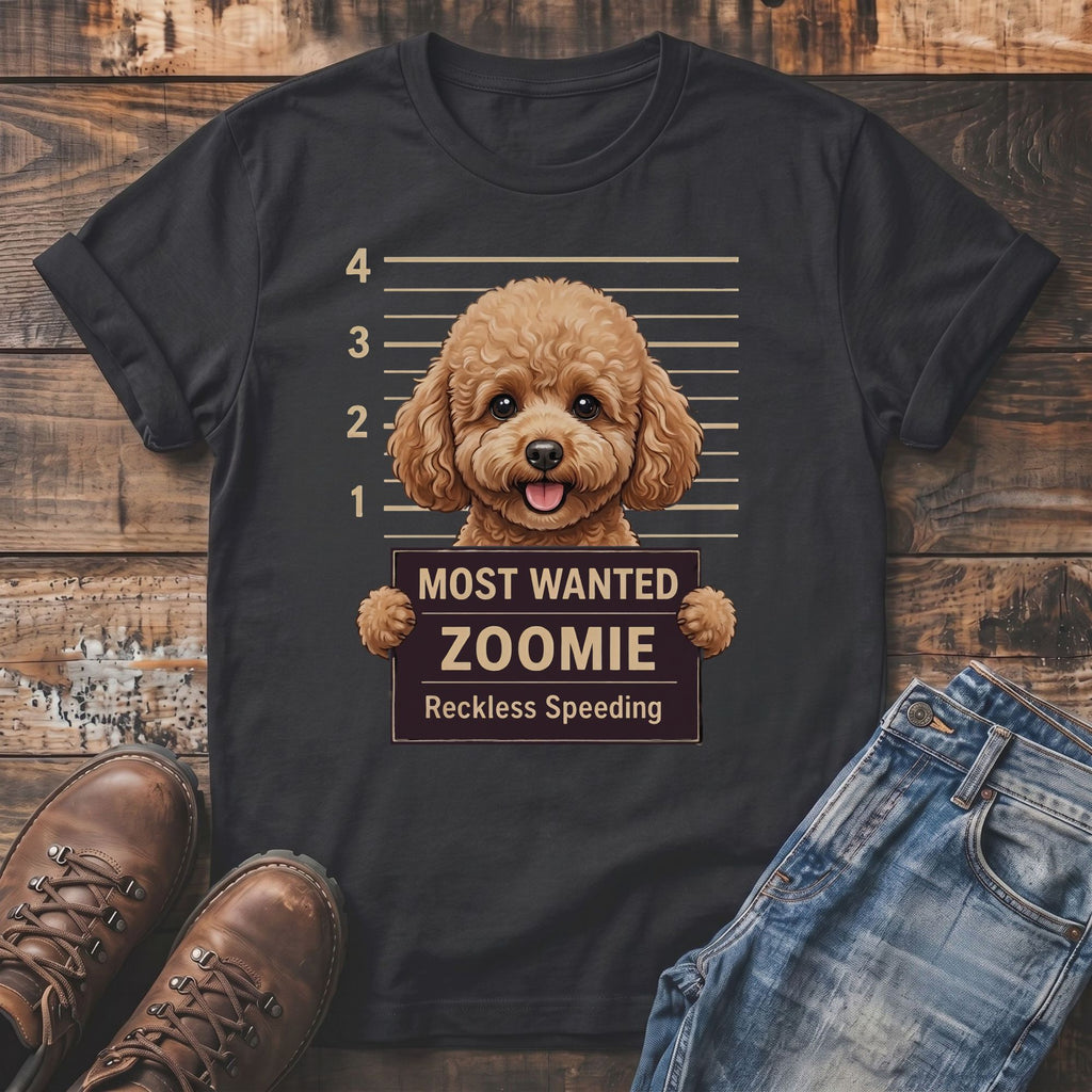 T-shirt with cartoon poodle in mugshot holding "Most Wanted Zoomie" sign.
