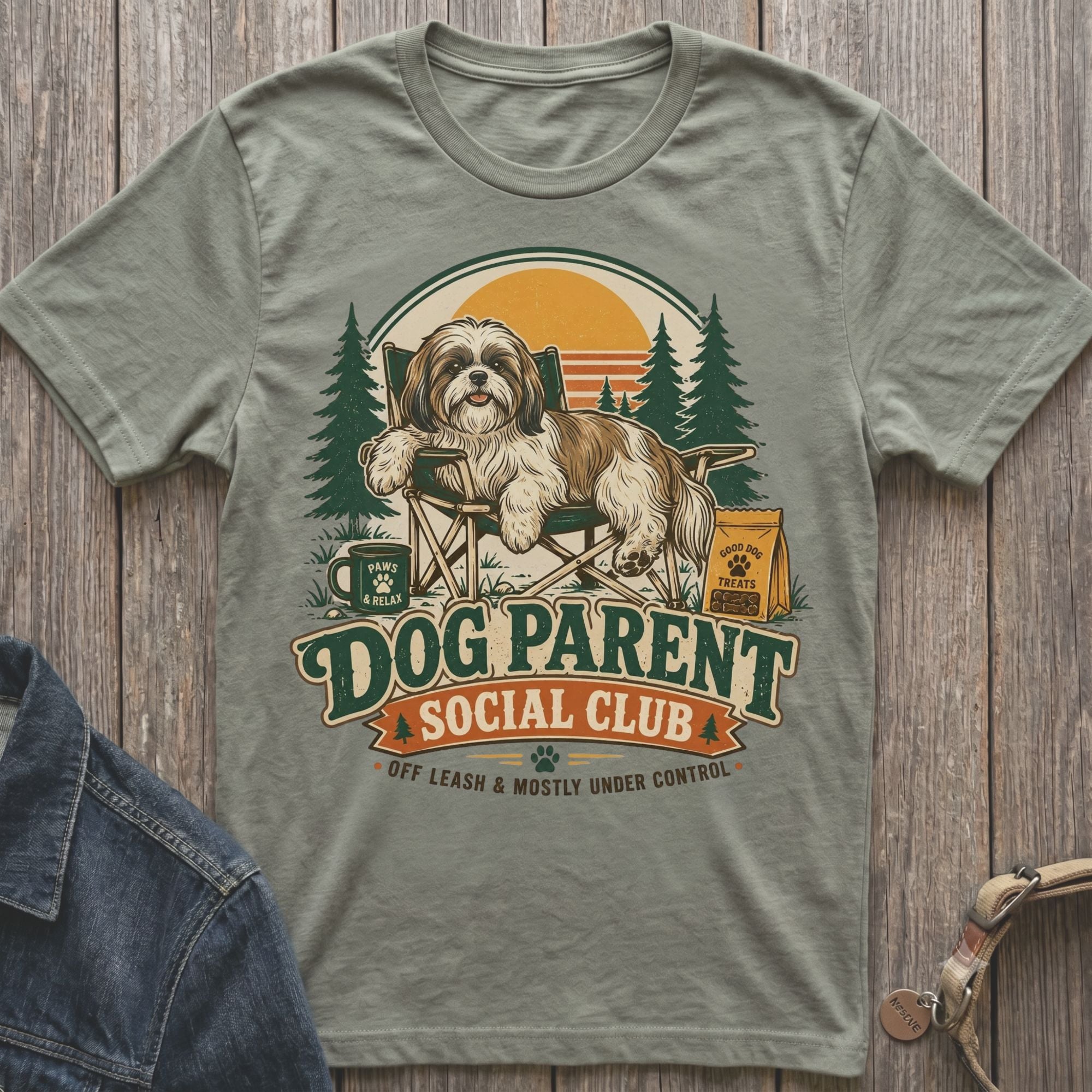 Shih Tzu on camping chair with "Dog Parent Social Club" text.