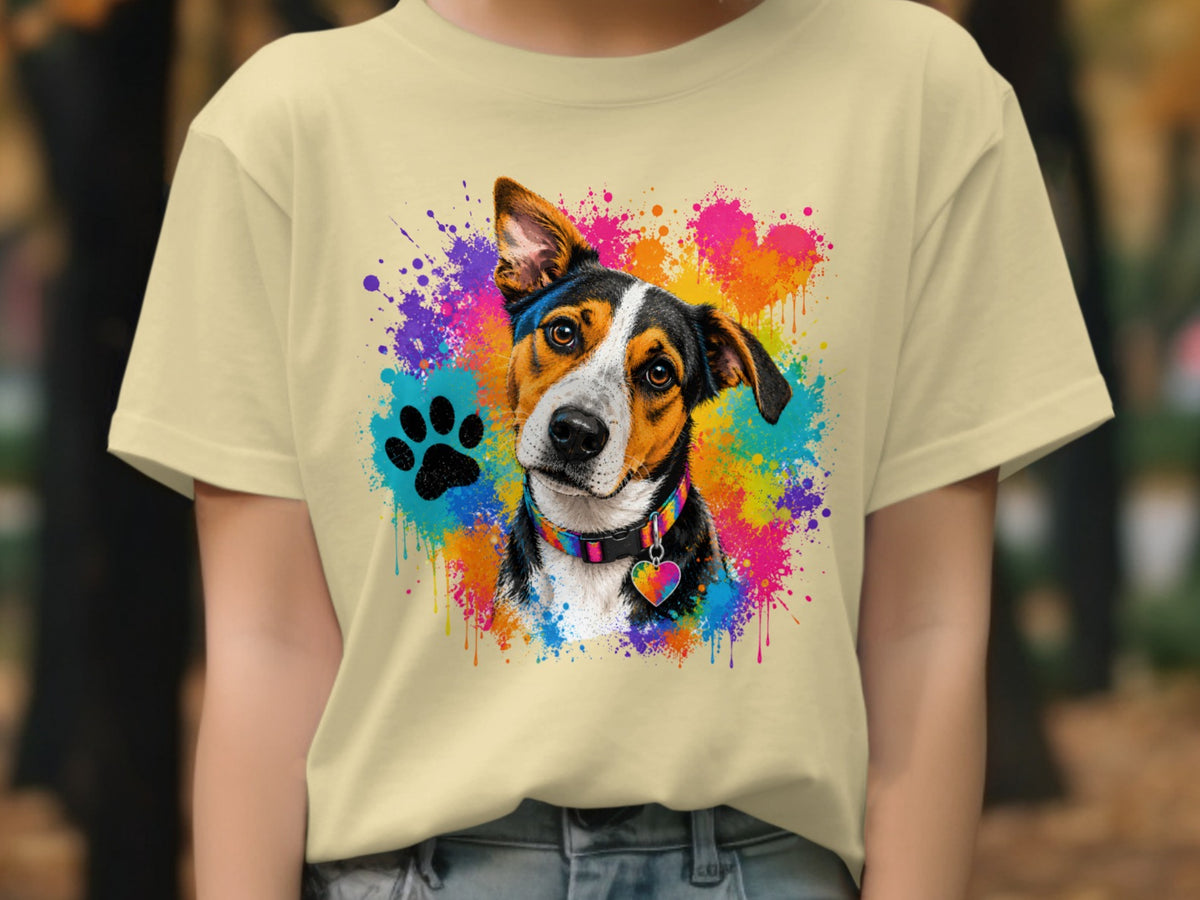 Dog portrait with colorful paint splatters and paw print on a light yellow t-shirt.