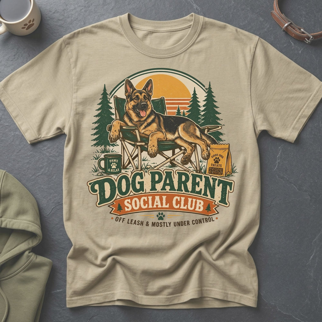 T-shirt graphic with German Shepherd relaxing, "Dog Parent Social Club" text.
