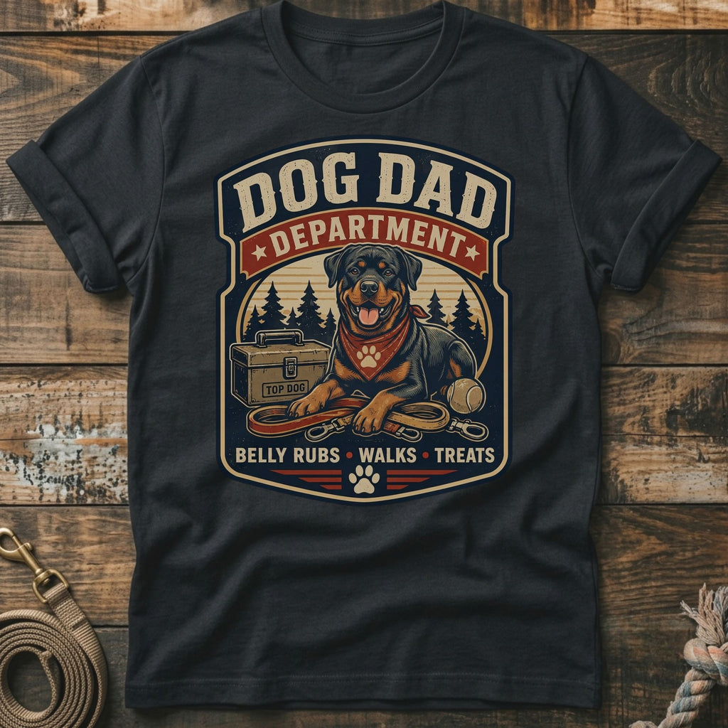 Dog Dad Department graphic with Rottweiler, toolbox, leash, ball, and text.