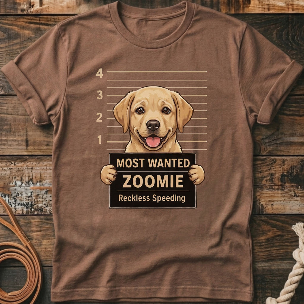 Brown t-shirt featuring a mugshot of a happy dog holding a "Most Wanted Zoomie" sign.