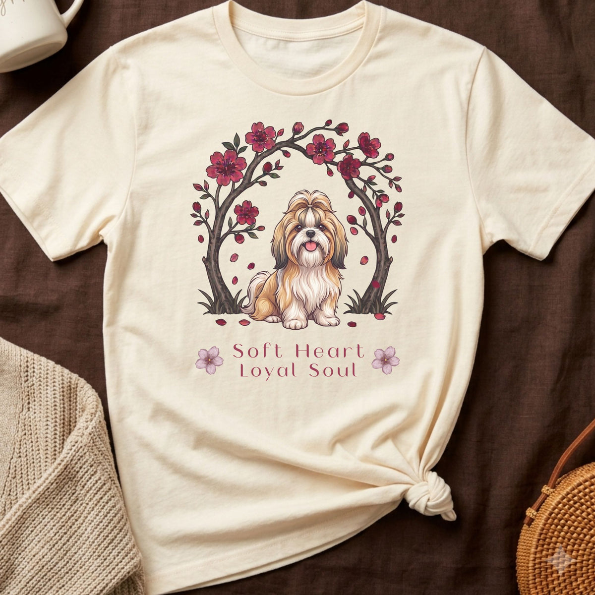 Cream t-shirt with a Shih Tzu dog illustration inside a floral wreath and text "Soft Heart Loyal Soul".