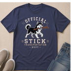 Navy t-shirt with a husky carrying a stick and text reading "Official Stick Transportation Dept."
