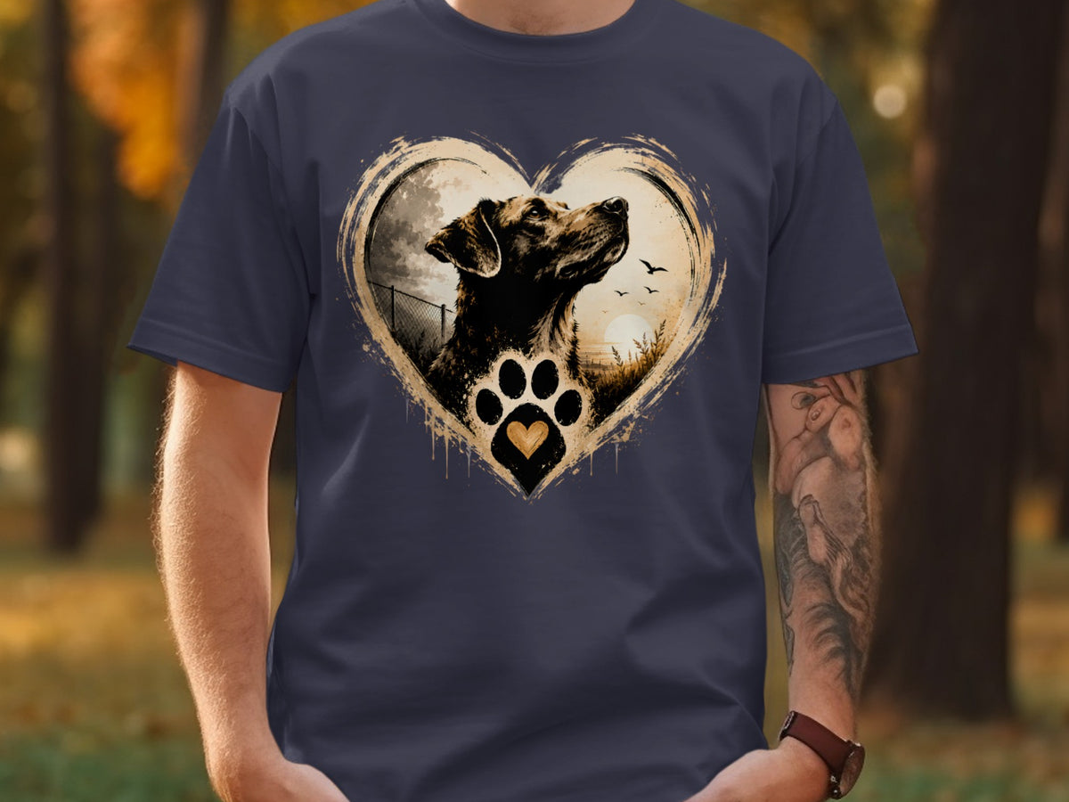 Dog looking up inside a heart with paw print and golden heart.