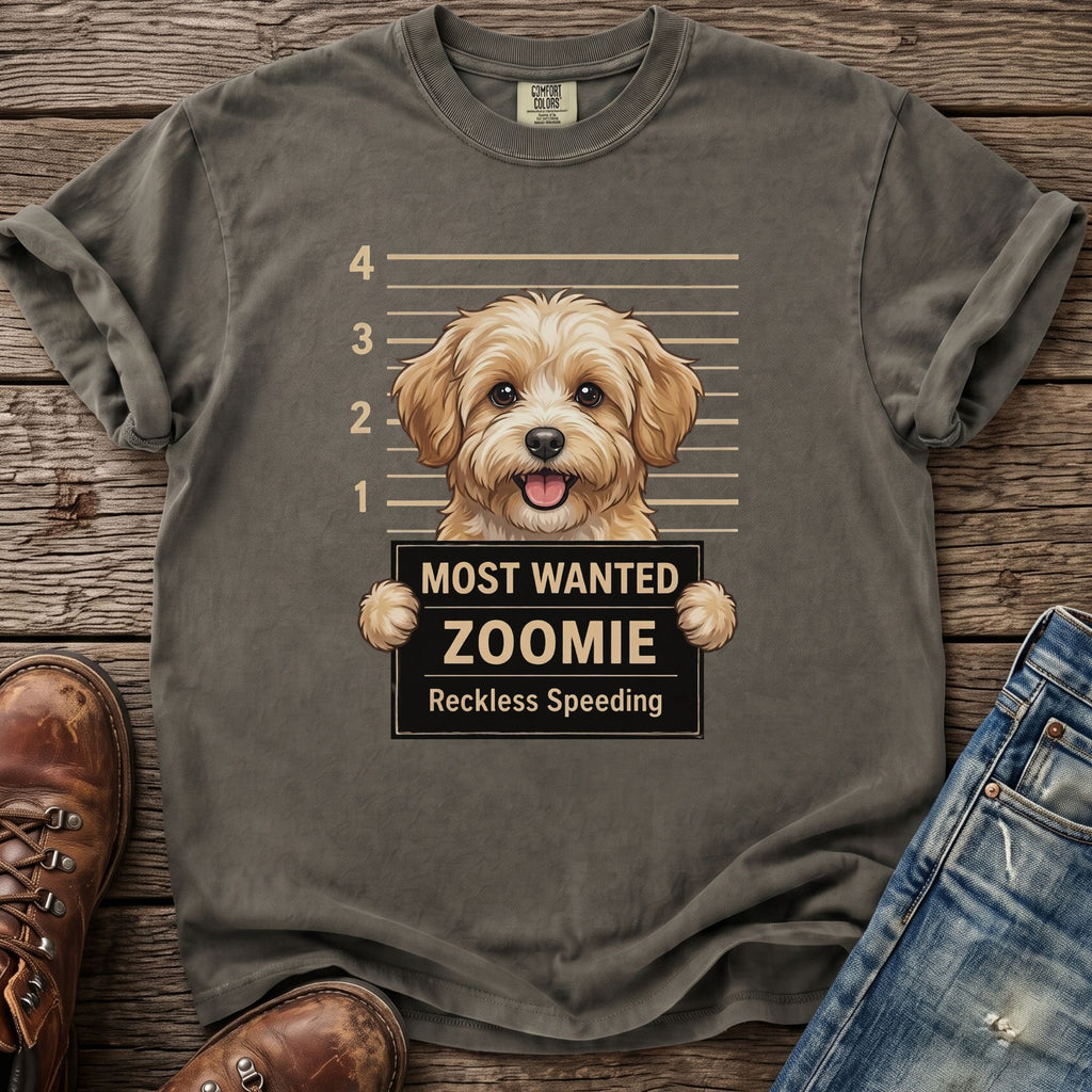 T-shirt with a dog's mugshot, "Most Wanted Zoomie, Reckless Speeding".
