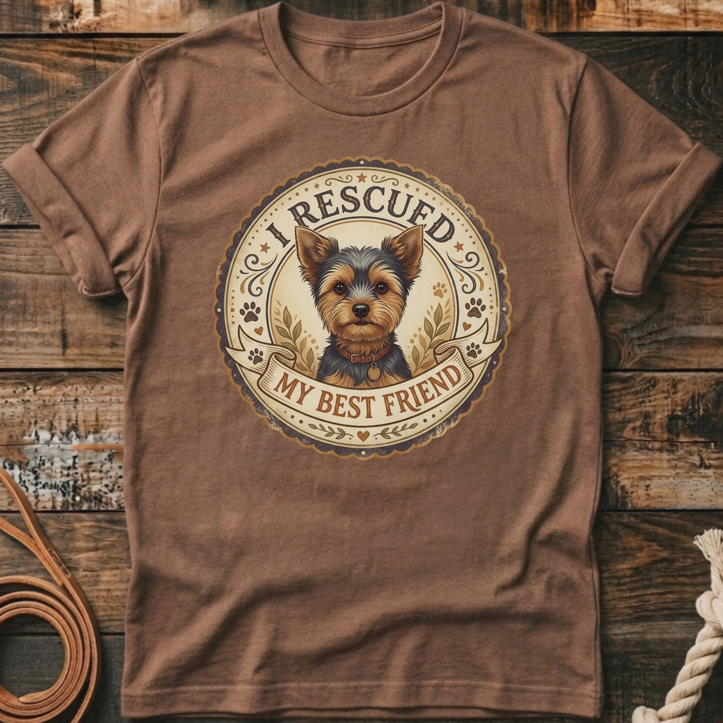 Brown t-shirt with "I Rescued My Best Friend" and Yorkshire Terrier graphic.