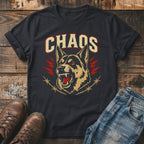 Black t-shirt with "CHAOS" text and an angry dog graphic with barbed wire.