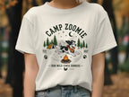 T-shirt with "Camp Zoomie" graphic of a dog, tent, campfire, and trees.