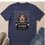 Beagle mugshot on navy shirt reading "Most Wanted Zoomie, Reckless Speeding."