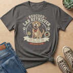 Gray t-shirt with "Rescued Lab Retriever Club Adopted Best Friend" graphic.