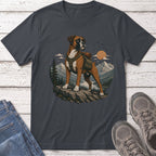 Boxer dog wearing a backpack on a rocky outcrop with mountains and lake in background.