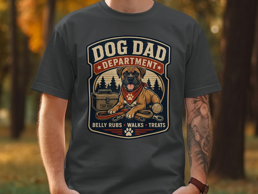 Dog Dad Department graphic with dog, leash, treat box, and ball.