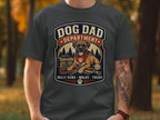 Dog Dad Department graphic with dog, leash, treat box, and ball.
